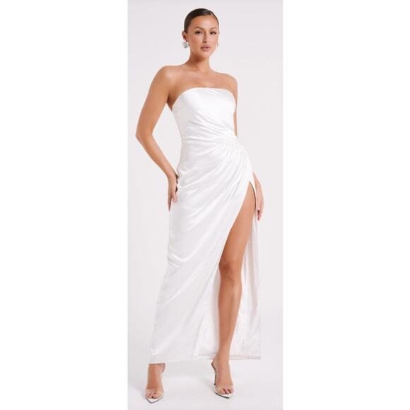 Meshki Aminah Draped Strapless Satin Maxi Dress Ivory Size L NWT Formal - Picture 1 of 11
